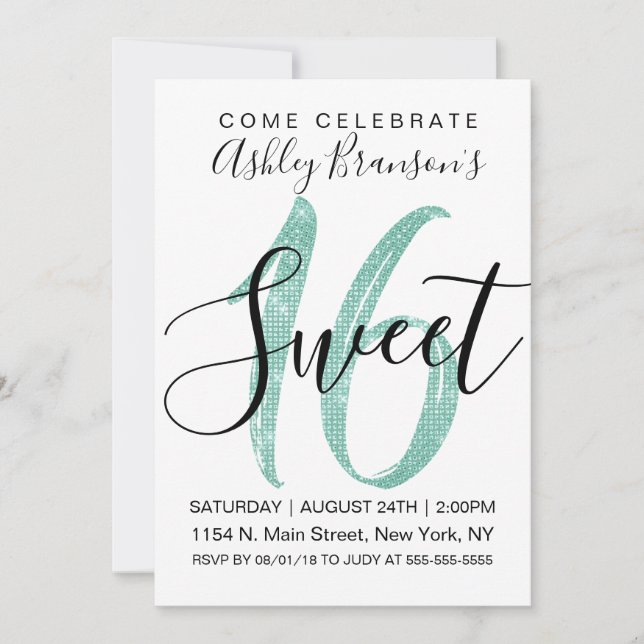 Girly White Faux Mint Teal Sequin Glitter Sweet 16 Invitation (Front)