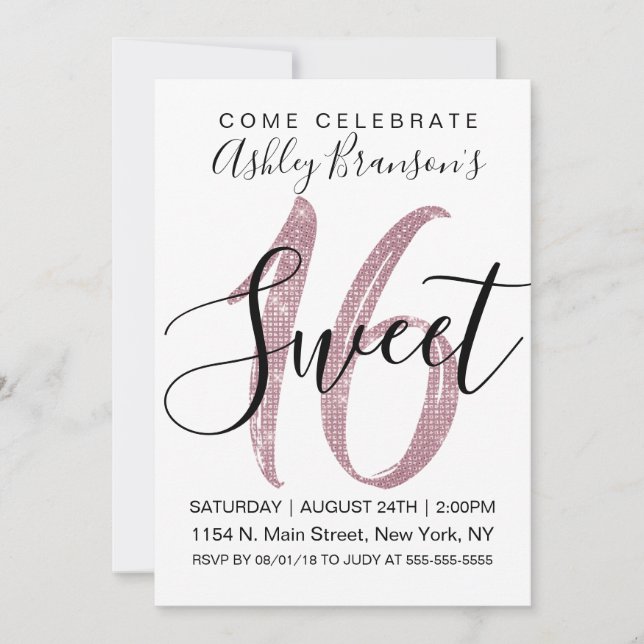 Girly White Faux Pink Sequin Glitter Sweet 16 Invitation (Front)