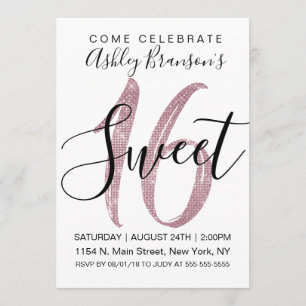 Girly White Faux Pink Sequin Glitter Sweet 16 Invitation