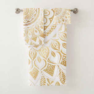 Girly White Gold Mandala Floral Bath Towel Set