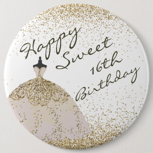 Girly White Golden Ball Gown Sweet 16th Birthday 6 Inch Round Button