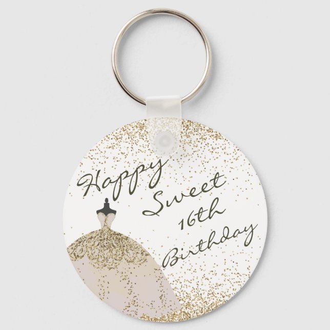 Girly White Golden Ball Gown Sweet 16th Birthday Keychain (Front)