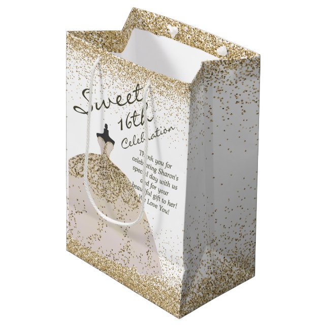 Girly White Golden Ball Gown Sweet 16th Birthday Medium Gift Bag (Front Angled)