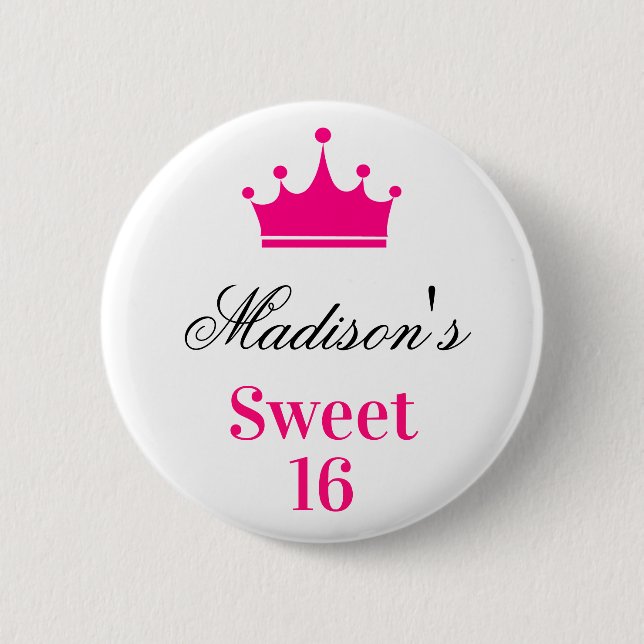 Girly White Hot Pink Sweet 16 Princess Crown Name 2 Inch Round Button (Front)