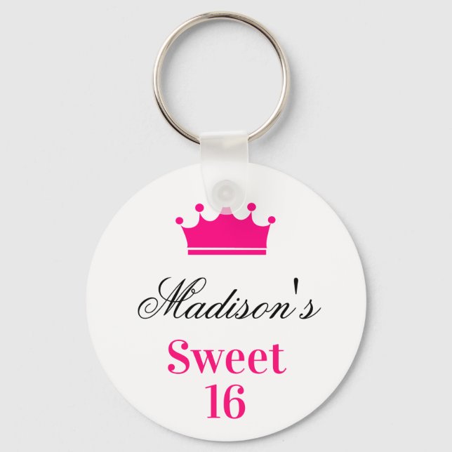 Girly White Hot Pink Sweet 16 Princess Crown Name Keychain (Front)