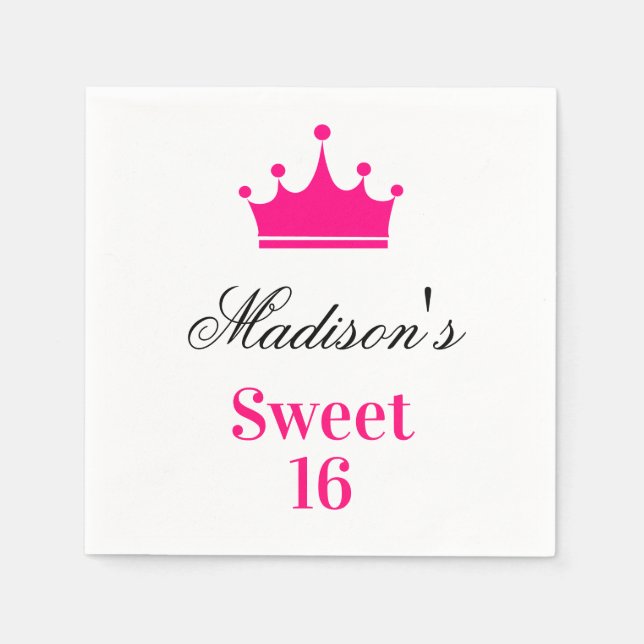 Girly White Hot Pink Sweet 16 Princess Crown Name Napkin (Front)
