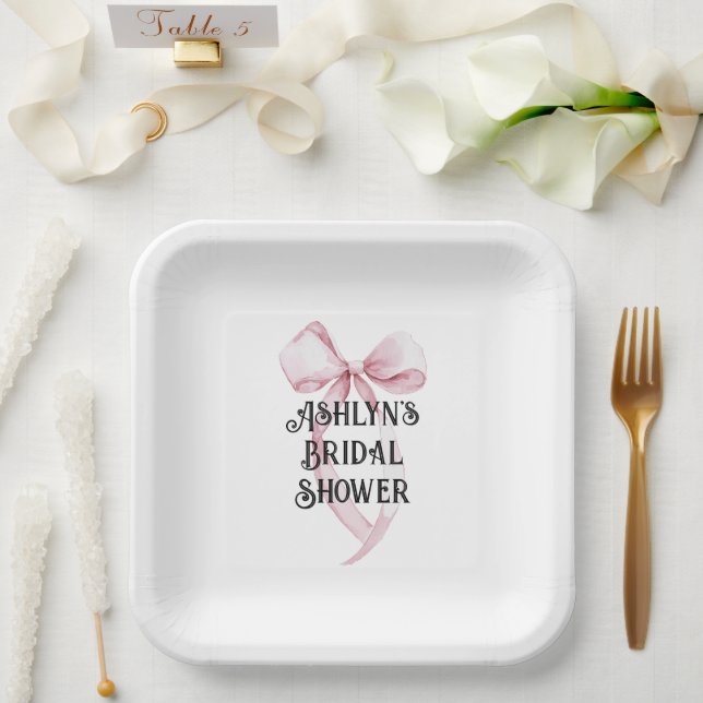 Girly White Pink Bow Bridal Shower Paper Plate (Wedding)