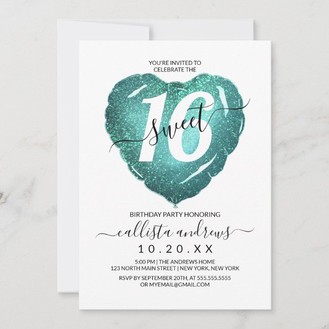 Girly White Teal Glitter Heart Balloon Sweet 16 Invitation (Front)