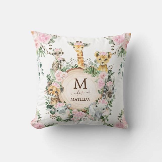 Girly Wild Safari Jungle Animals Pink Flowers Throw Pillow (Front)