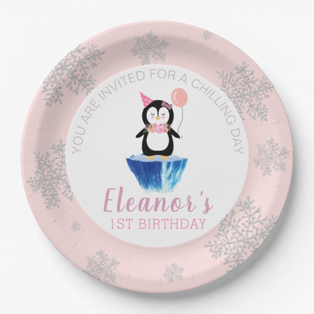 Girly Winter Cute Penguin Pink Birthday Paper Plate (Front)