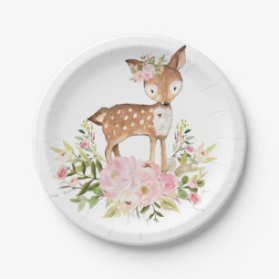 Girly Woodland Deer Pink Floral Forest Birthday Paper Plate