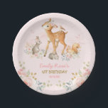 Girly Woodland Forest Animals Floral 1st Birthday Paper Plate<br><div class="desc">This feminine design features gorgeous watercolor blush pink roses and a group of girly woodland creatures</div>