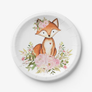 Girly Woodland Fox Pink Floral Forest Baby Shower Paper Plate