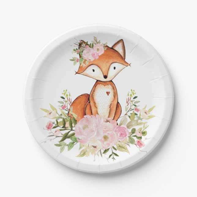 Girly Woodland Fox Pink Floral Forest Baby Shower Paper Plate (Front)