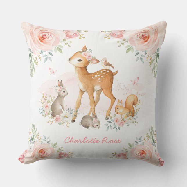 Girly Woodland Pink Floral Deer Bunny Nursery Throw Pillow (Front)