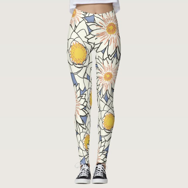 Girly Yellow Blue White Big Flowers Woman Leggings (Front)
