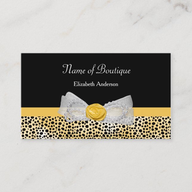 Girly Yellow Cheetah Print Boutique Chic Bow Business Card (Front)