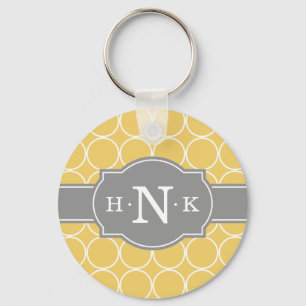 Girly Yellow Circle Pattern Grey Monogram Keychain