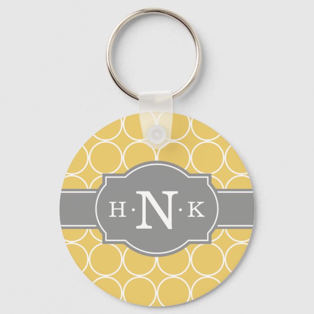 Girly Yellow Circle Pattern Grey Monogram Keychain (Front)