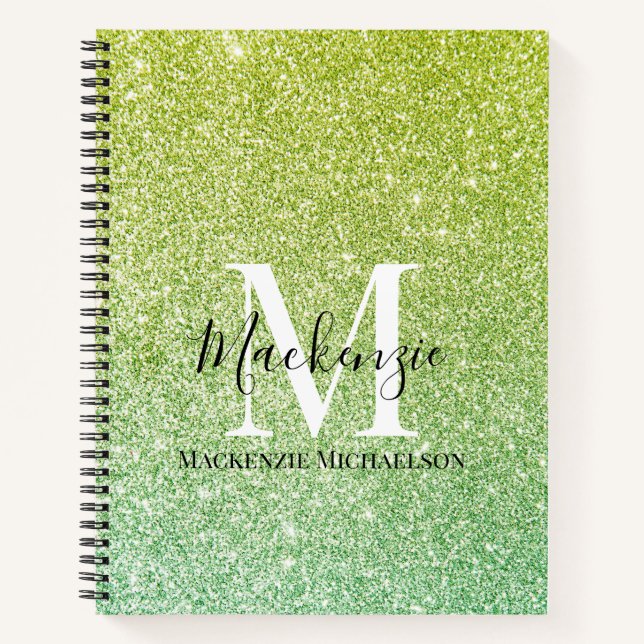 Girly Yellow Green Ombre Glitter Monogram Name Notebook (Front)