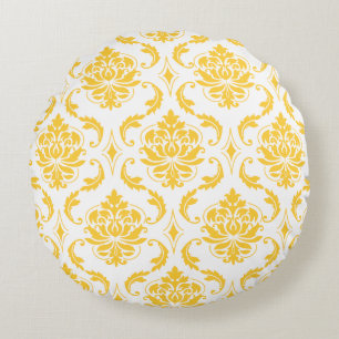 Girly Yellow White Vintage Damask Pattern Round Pillow