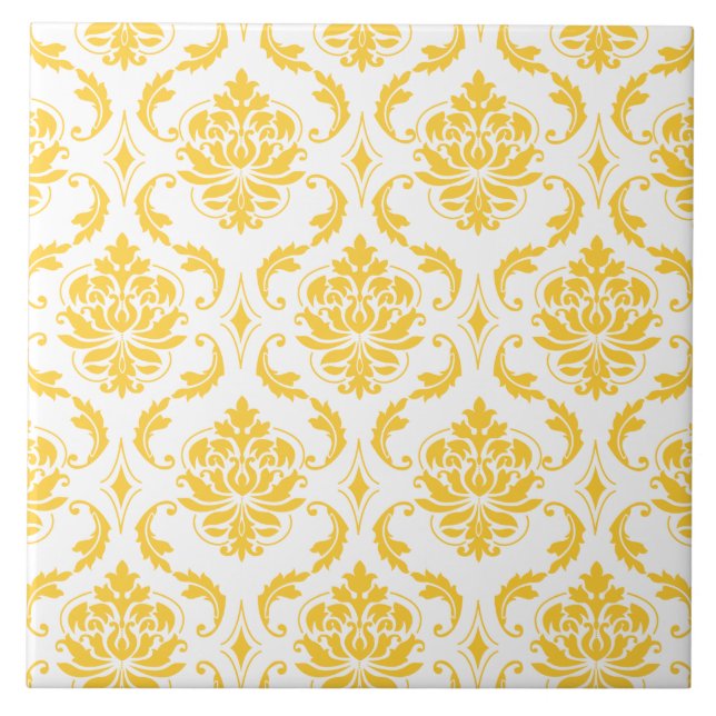 Girly Yellow White Vintage Damask Pattern Tile (Front)