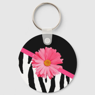 Girly Zebra Pattern Cute Pink Daisy With Name Keychain