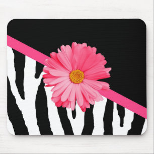 Girly Zebra Pattern Cute Pink Daisy With Name Mouse Pad