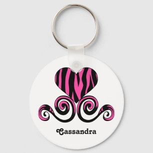 Girly zebra pattern heart keychain