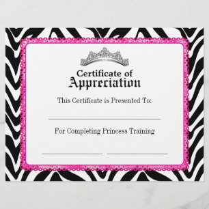 Girly Zebra Pink Lace and Tiara Certificate