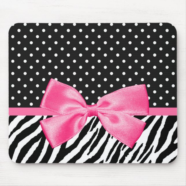 Girly Zebra Print Polka Dots and Cute Pink Ribbon Mouse Pad (Front)