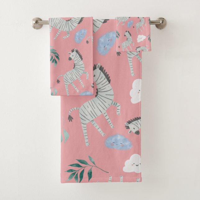 Girly zebra safari animals in the jungle pink girl bath towel set (Insitu)
