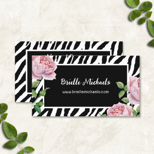 Girly Zebra Stripes Pattern With Pink Roses  Business Card