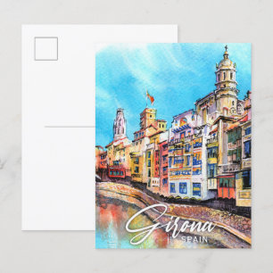 Girona Spain Watercolor Painting Travel Postcard