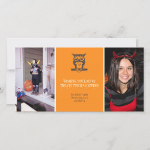 Give a hoot cute owl orange Halloween two photos Holiday Card
