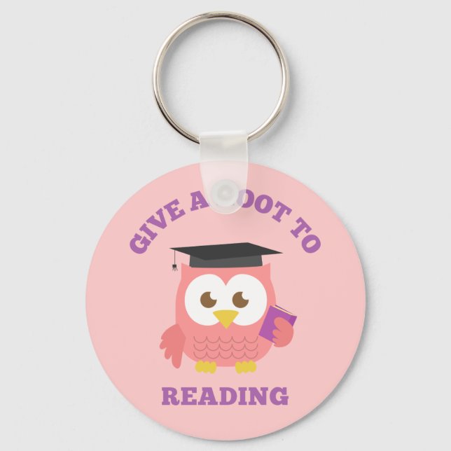 Give a Hoot to Reading Cute Pink Owl Pun Keychain (Front)