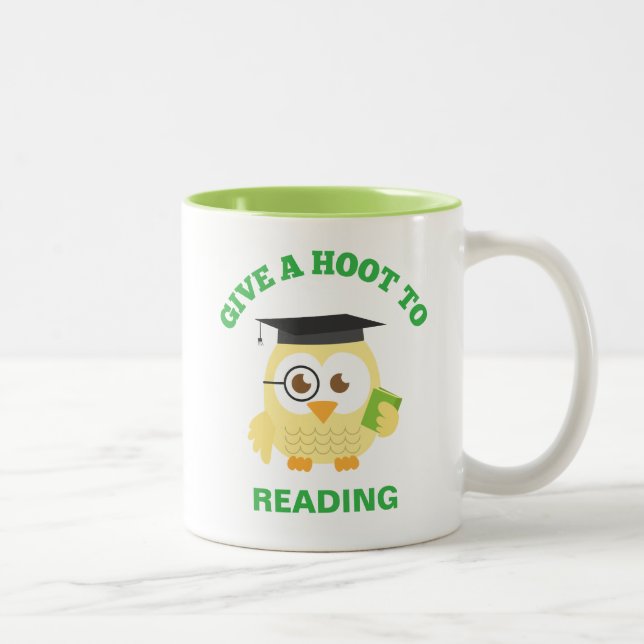 Give a Hoot to Reading with Cute Owl Two-Tone Coffee Mug (Right)