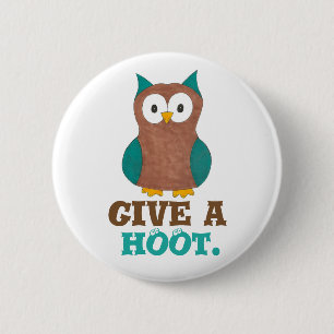 Give a HOOT Wish Brown Blue Cartoon Owl Bird Eyes 2 Inch Round Button