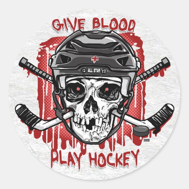Give Blood Play Hockey Black Classic Round Sticker (Front)
