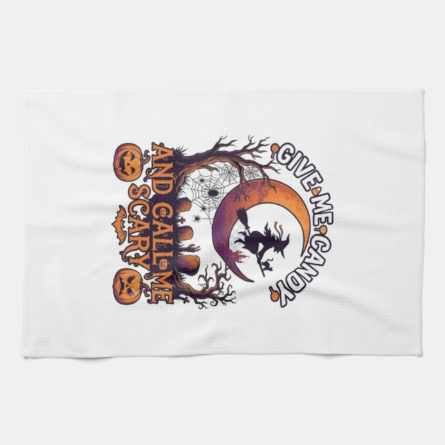Give Me Candy Call Scary Witch Moon Pumpkins Kitchen Towel (Horizontal)