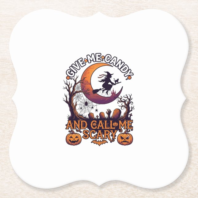 Give Me Candy Call Scary Witch Moon Pumpkins Paper Coaster (Front)