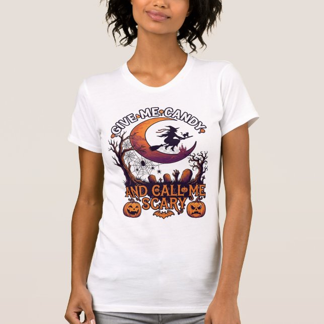 Give Me Candy Call Scary Witch Moon Pumpkins T-Shirt (Front)