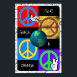 Give Peace a Chance Pop Art Poster<br><div class="desc">Get groovy and promote world peace with this Give Peace a Chance Poster featuring four colourful peace signs, 3D earth and a dove in fun and funky colours in true hippie style.
Click on any of the poster icons below to view that poster in larger format.</div>