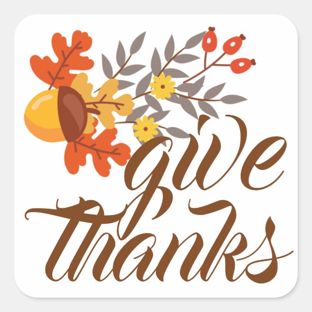 Give Thanks | Autumn Fall Leaves & Acorns Square Sticker (Front)