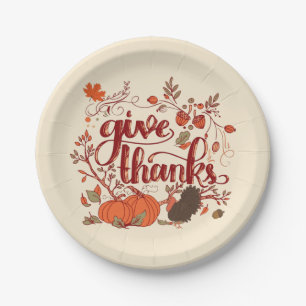 Give Thanks Autumn Harvest, Turkey Thanksgiving Paper Plate