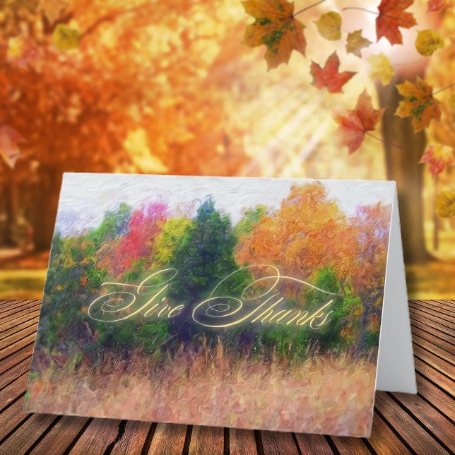 Give Thanks Autumn Landscape Thanksgiving Holiday Card (Elegant autumn landscape with “Give Thanks” in golden script — a timeless Thanksgiving greeting.)
