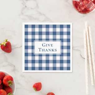 Give Thanks Blue White Gingham Check Thanksgiving Napkin
