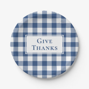 Give Thanks Blue White Gingham Plaid Thanksgiving Paper Plate