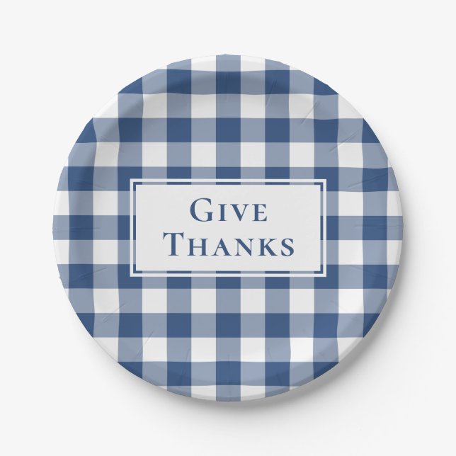 Give Thanks Blue White Gingham Plaid Thanksgiving Paper Plate (Front)