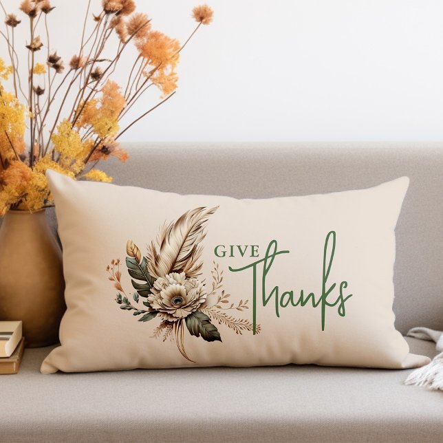 Give Thanks Boho Fall Floral Thanksgiving Lumbar Pillow (Creator Uploaded)